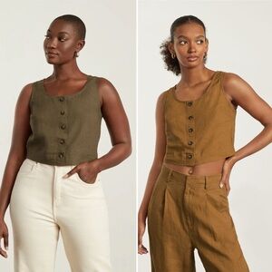 Everlane The Linen Button-Front Crop Tank in Beech + Tawny Brown—Size 2